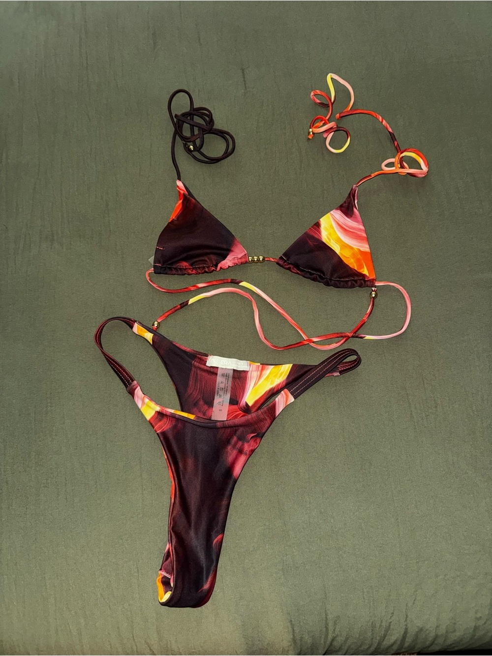 Muse Swirl-Print Tie Bikini — Black, Red & Yellow Accents